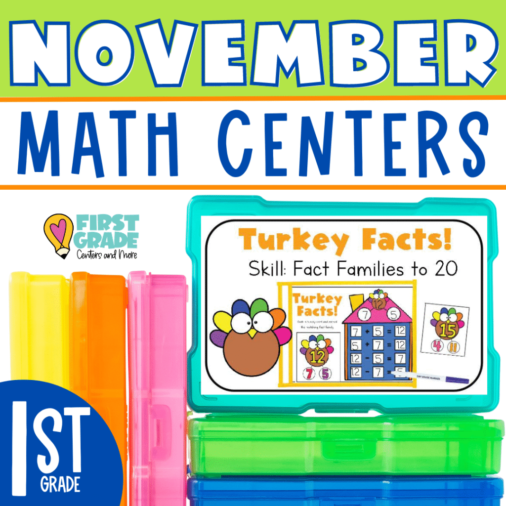 First grade math centers for the month of November with fun Thanksgiving themes.