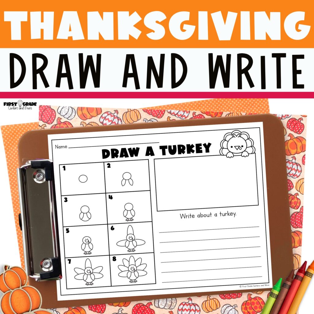 Students draw and write about Thanksgiving symbols.