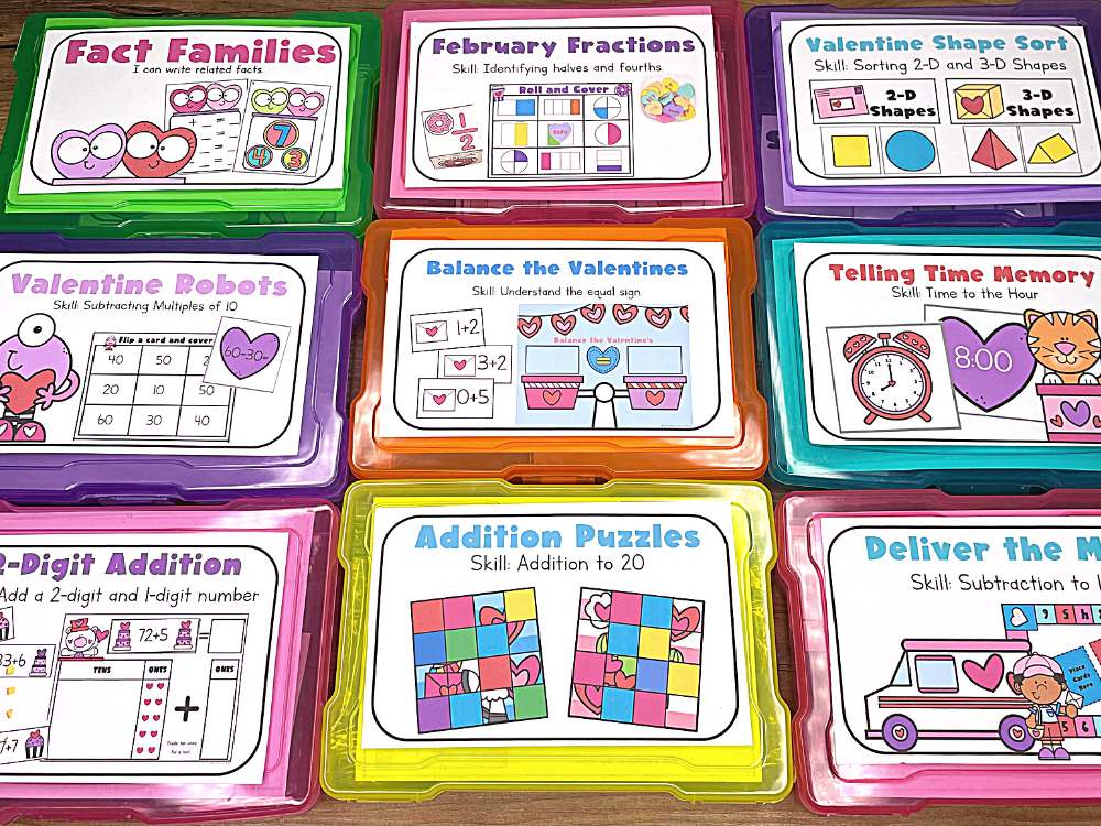 A variety of February math centers that are perfect for first grade classrooms.