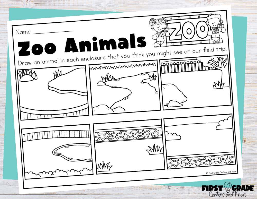 Students draw animals in their zoo enclosures.