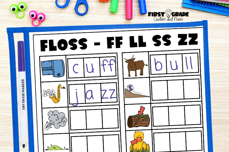 Write and Wipe phonics mat for FLOSS words