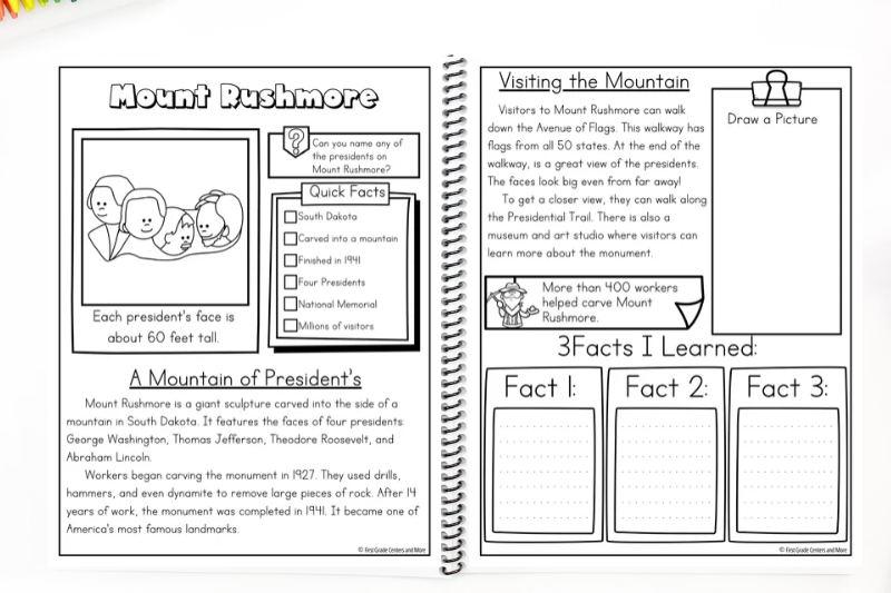 Student read along about Mount Rushmore in their U.S. symbols book.